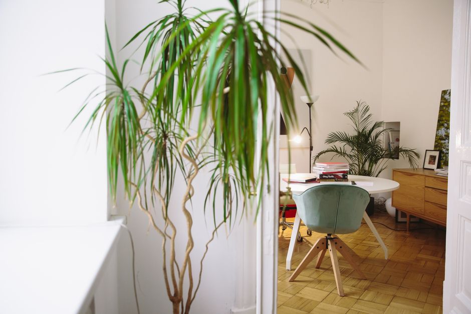 Minimalistische inrichting met meditatieve kunst aan de muur.