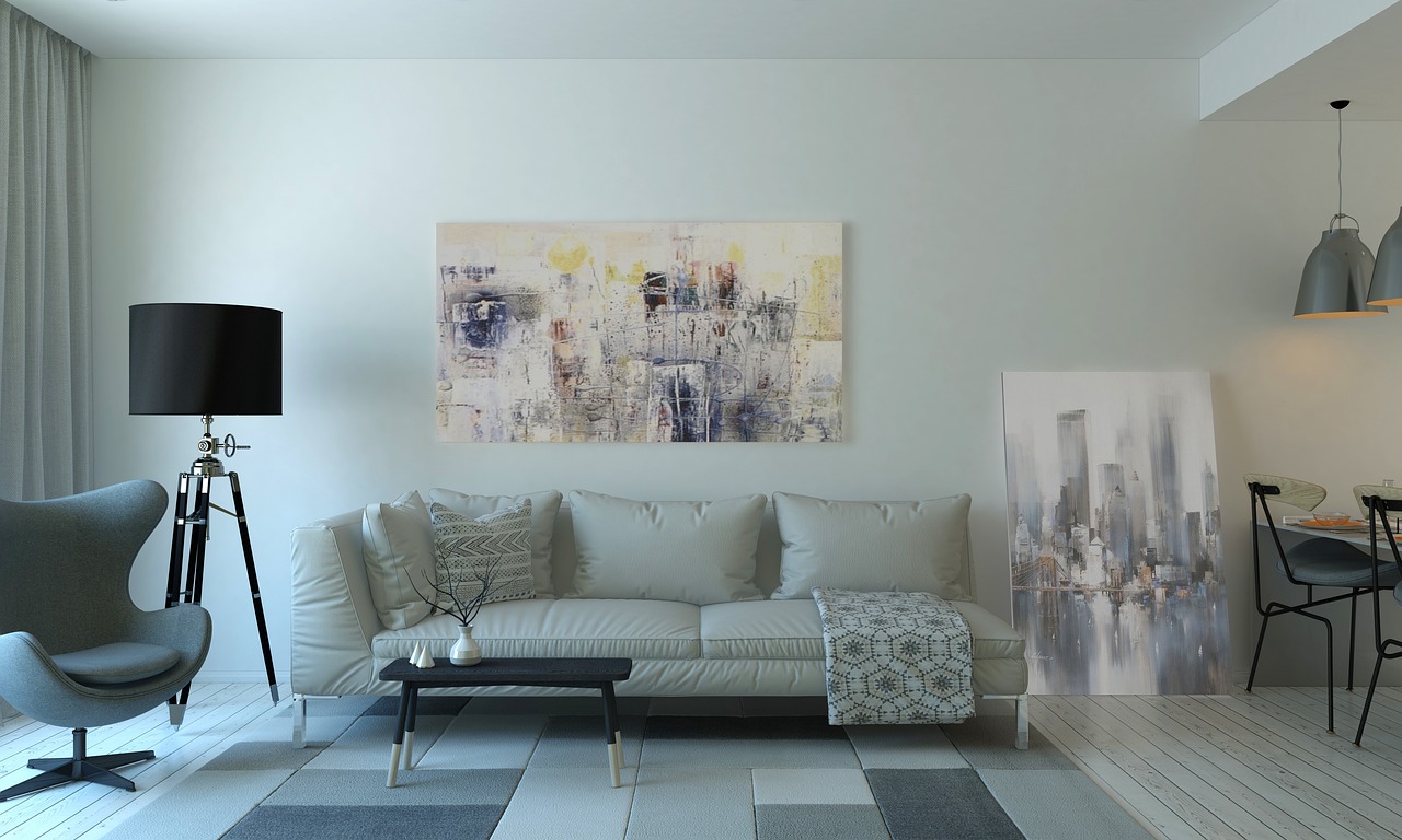 Moderne woonkamer met speels Memphis kleurenschema. Moderne woonkamer met speels Memphis kleurenschema.